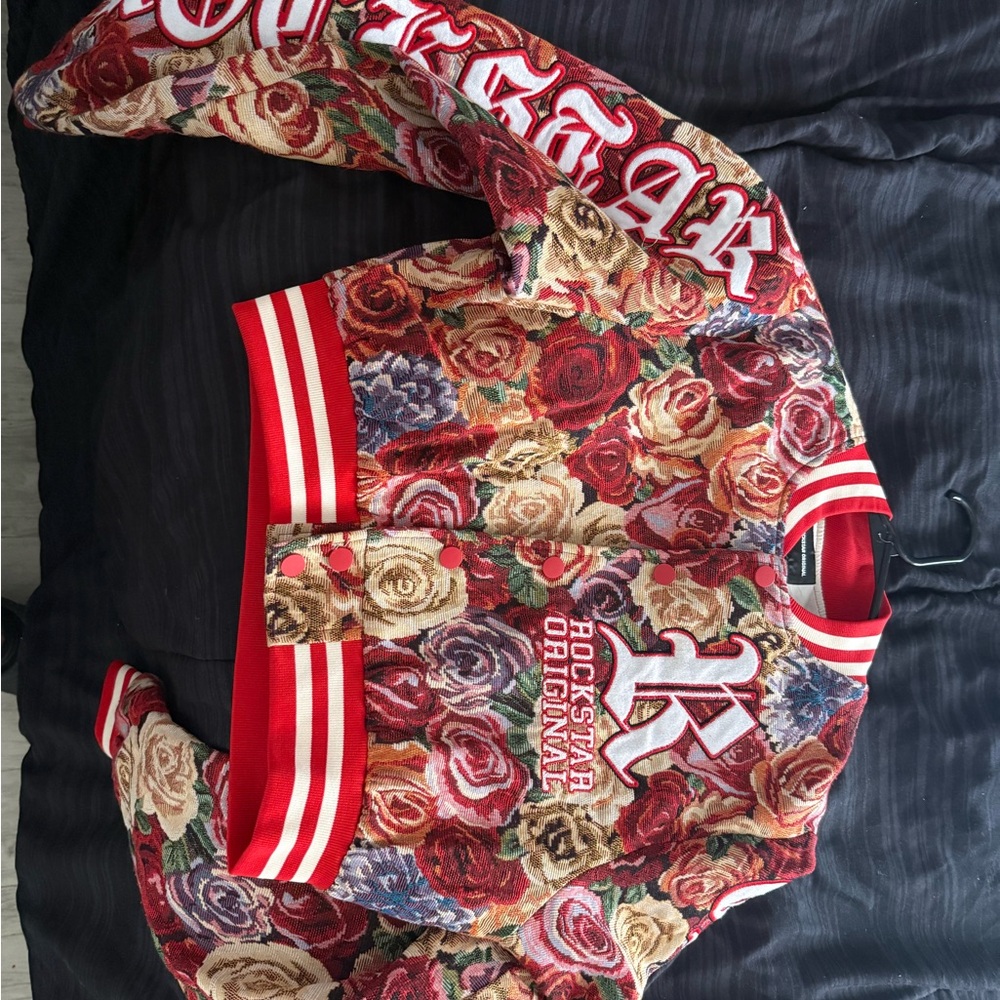 Rockstar Original “DARR Red Tapestry” Cropped Varsity Jacket